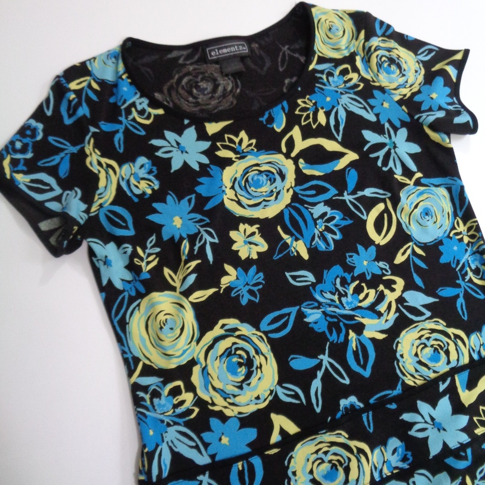 ELEMENTZ Black Blue Yellow Floral Womans Dress S
